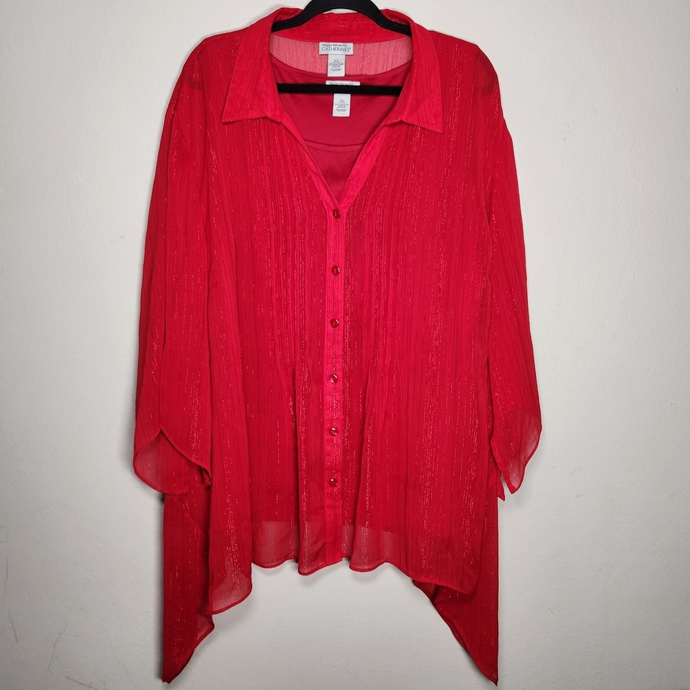 Maggie Barnes Catherines Woman's 3X Red Sheer Metallic Button‎ Top Lined Pleated